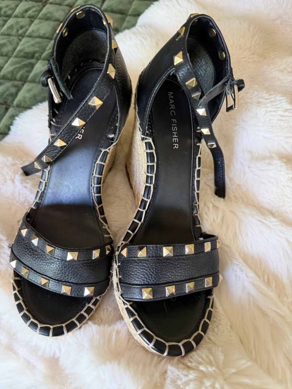 Marc Fisher Black Leather Studded Espadrille Wedges